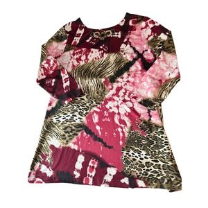 Max & Rina Women Burgundy Pink Animal Print Beaded Neck‎ Tunic Top Size M